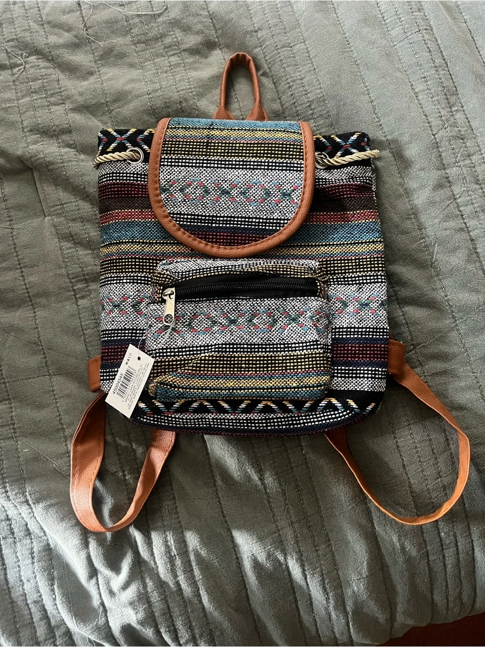 Multicolor Boho Woven Mini Backpack with Tan Trim